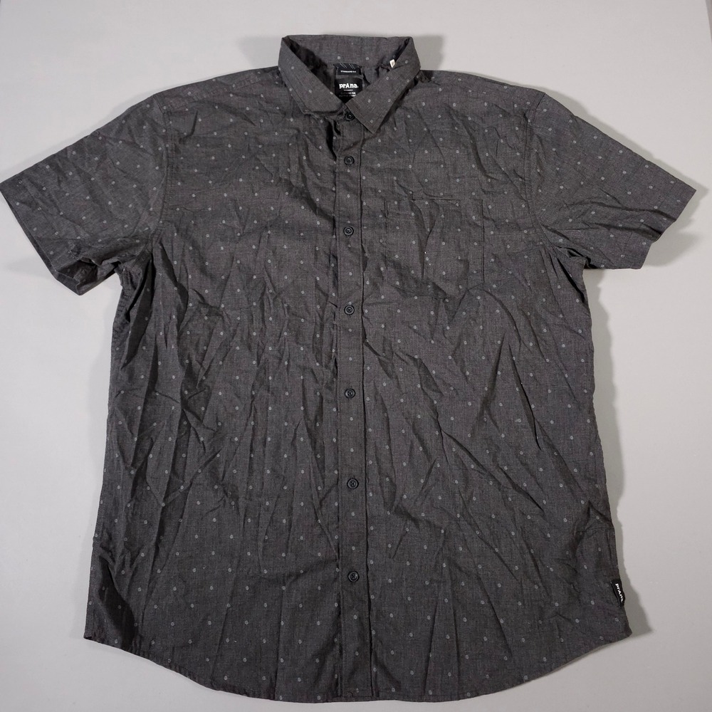 prAna Button Down Shirt Mens XL Gray Spiral Dot Short Sleeve Organic